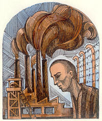 Zeichnung von Walerjan Lopatto aus dem Jahr 2002, dargestellt ist ein Zwangsarbeiter vor rauchenden Schloten und Stacheldrahtzaun in hellblau und hellbraun