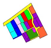 Abbildung einer farbigen Zeichnung, die die Grundstückssituation nach erfolgter Baulandumlegung zeigt.