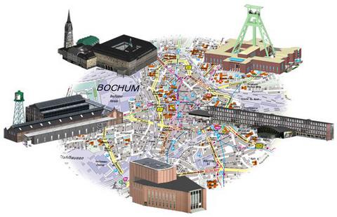 Im Bild sind 3D-Objekte vom Rathaus, der Jahrhunderthalle, dem Schauspielhaus, dem Hauptbahnhof und dem Bergbau-Musuem zu sehen.