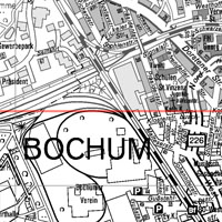 Ausschnitte aus dem Stadtplan in Grau (oberhalb der roten Linie) und in Schwarzweiß