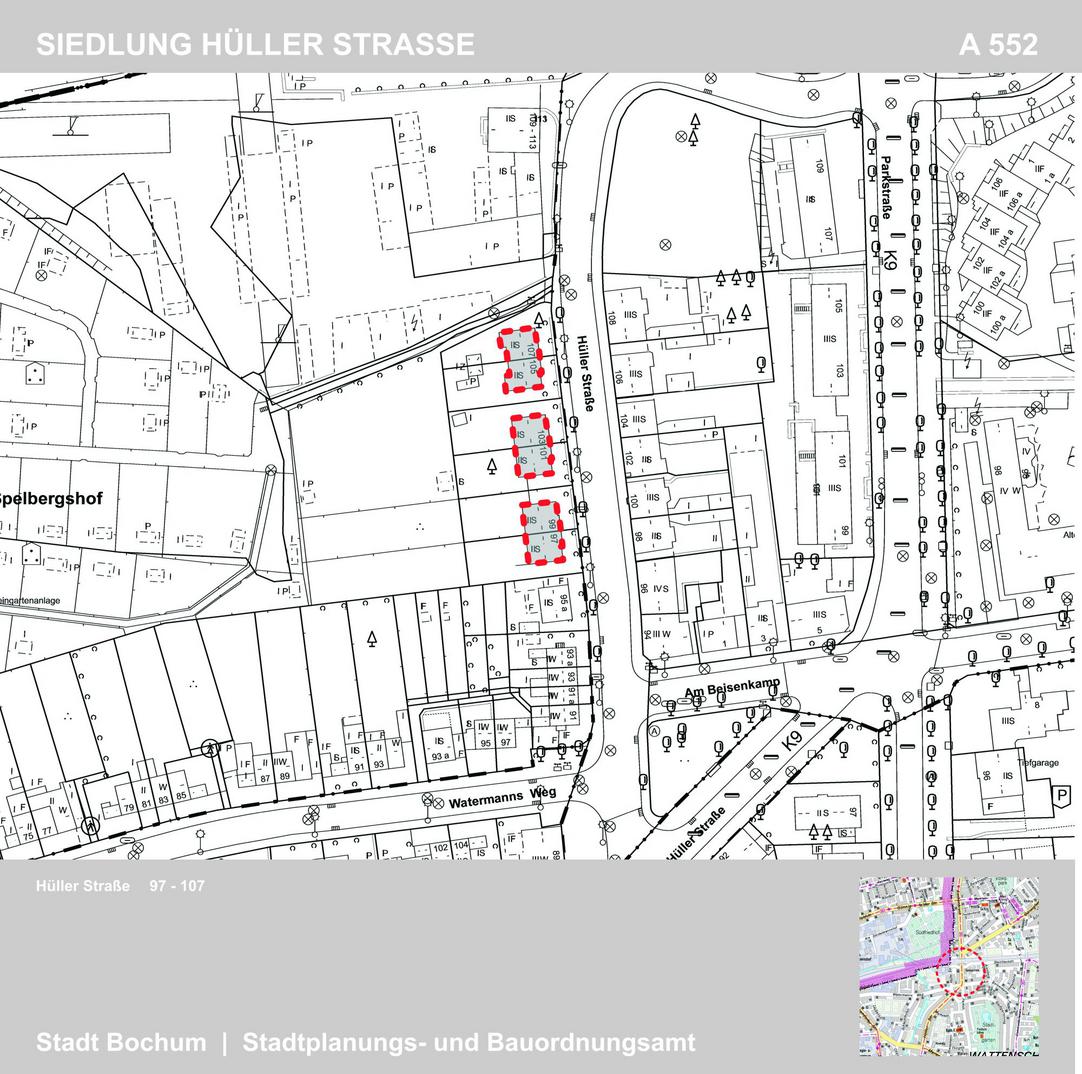 Übersichtskarte mit rot eingezeichneter Siedlung Hüller Straße