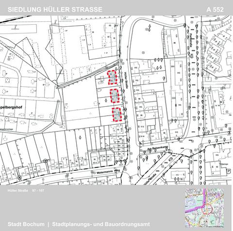 Übersichtskarte mit rot eingezeichneter Siedlung Hüller Straße