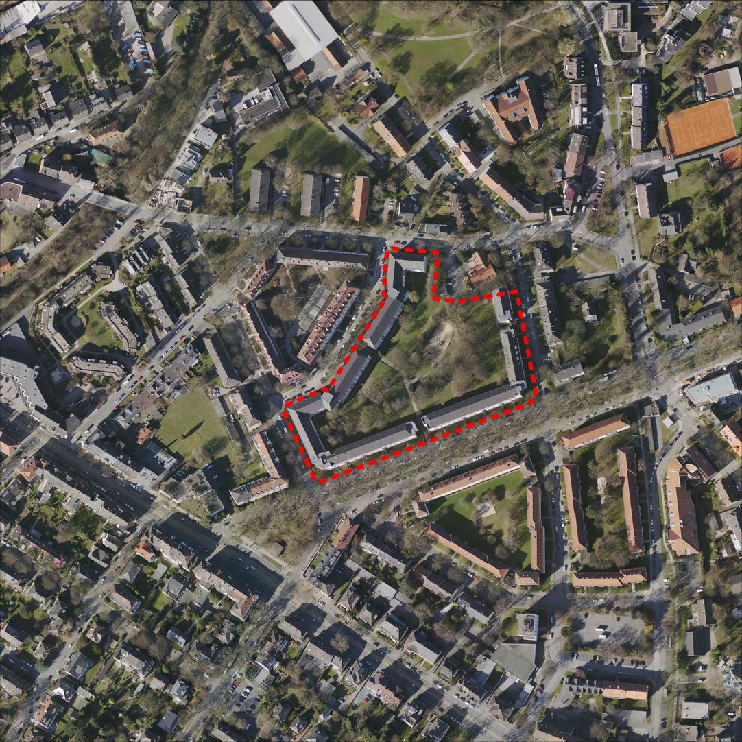 Luftbildaufnahme mit rot umrandeter Siedlung Freigrafendamm