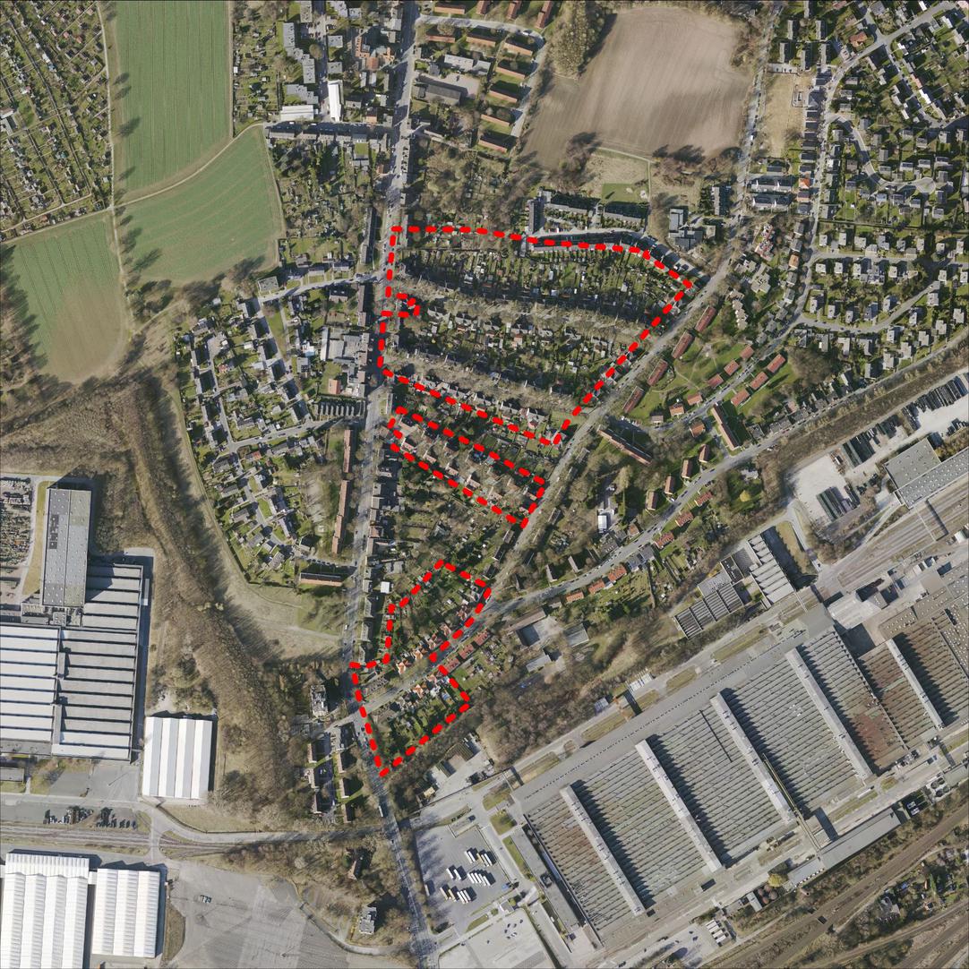 Luftbild mit rot umrandeter Siedlung Dreerhöhe