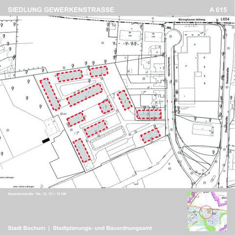 Kartenausschnitt mir rot umrandeten Gebieten der Siedldung Gewerkenstraße