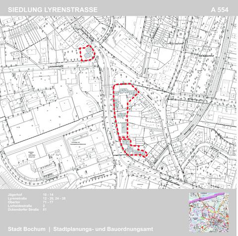 Kartenausschnitt mit rot umrandeter Siedlung Lyrenstraße