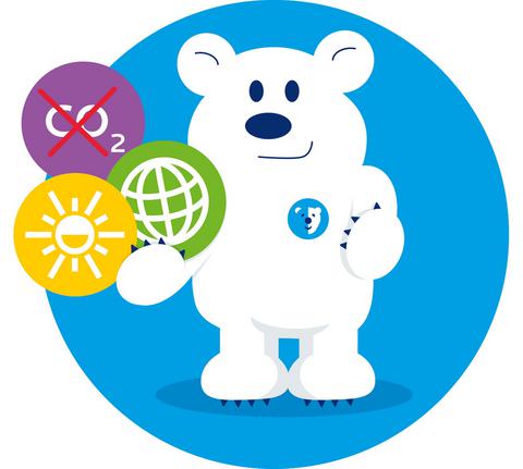 Ein Eisbär hält Umweltsymbole in seiner Pfote - Kampagnenflyer des Projekts Klimaschutz so machen WIR's