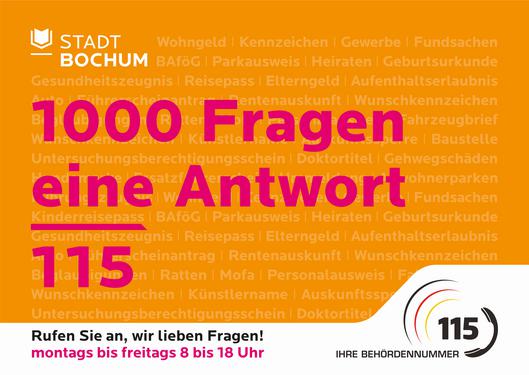 Plakat zur Behördennummer 115 - Auf gelbem Hintergrund steht in roter Schrift "1000 Fragen, eine Antwort - 115"