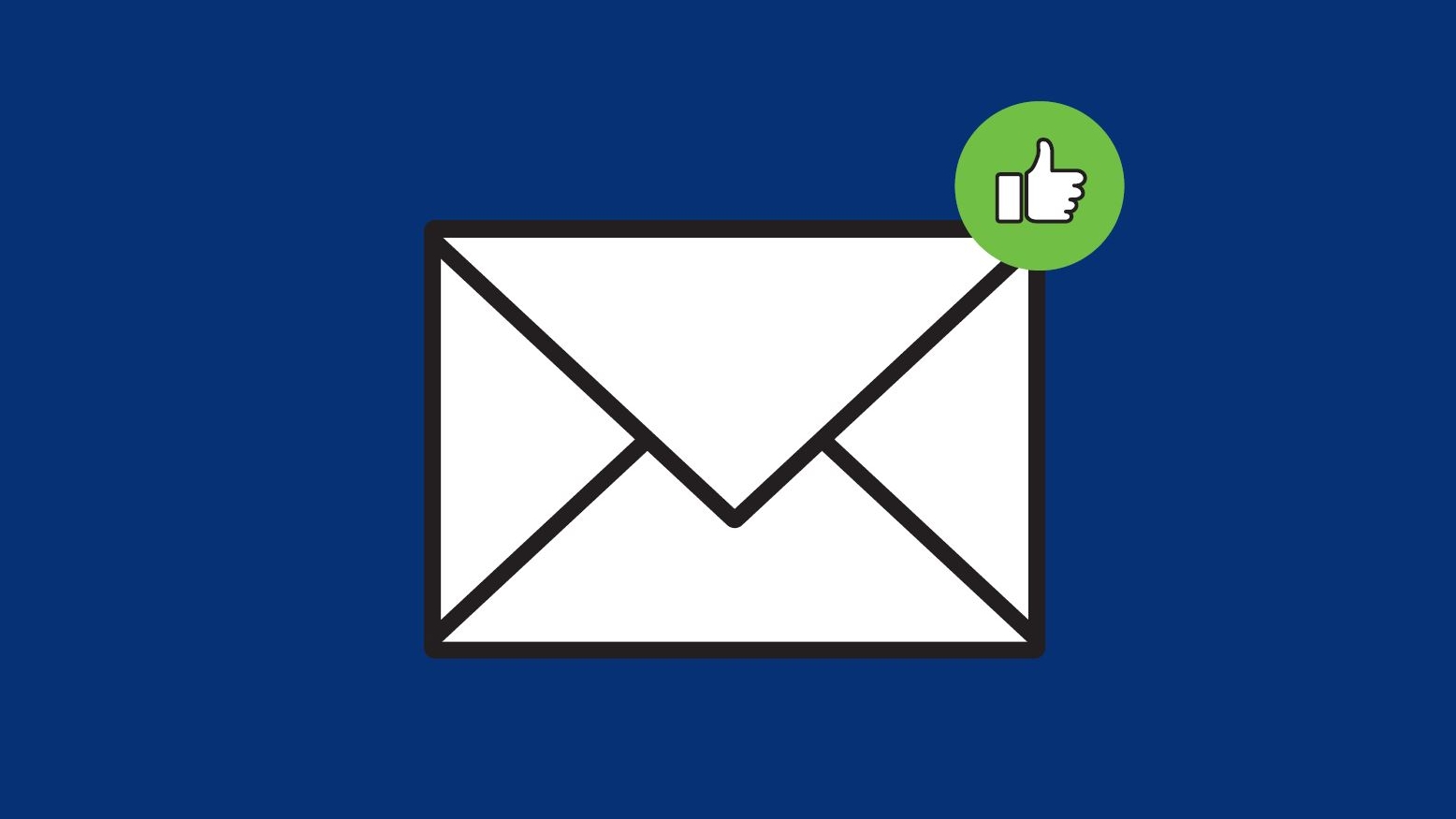 Eine Zeichnung eines Briefumschlages auf dunkelblauem Untergrund. An der rechten oberen Ecke des Umschlages ist ein Daumen-hoch-Symbol.  