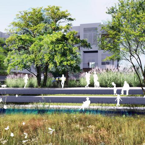 Grafik: Wohnhäuser im Ostpark und Wasserlauf