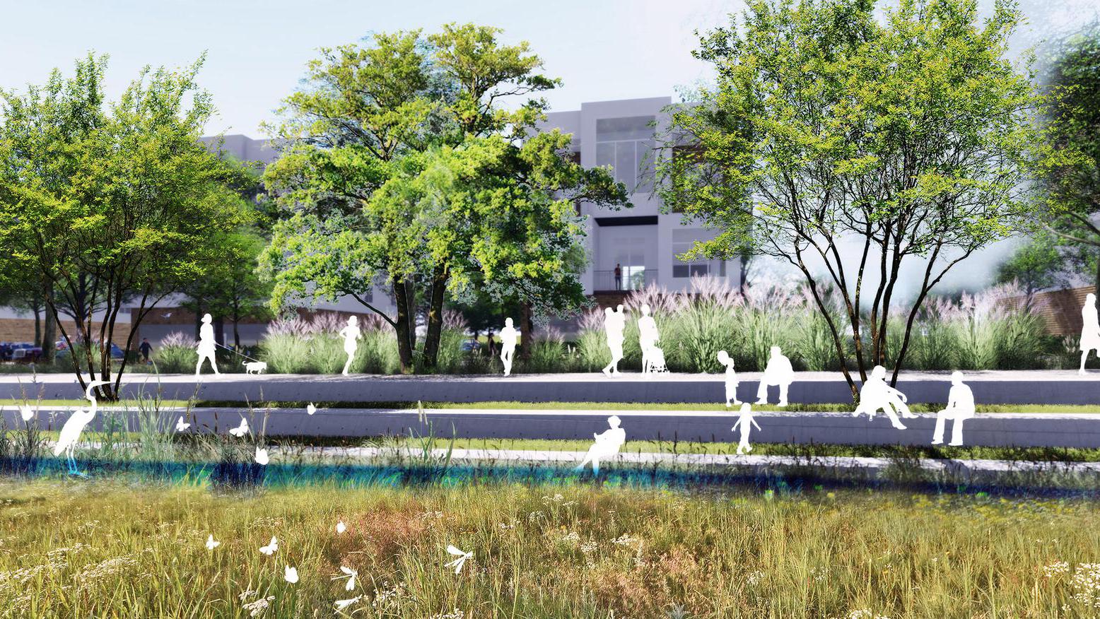 Grafik: Wohnhäuser im Ostpark und Wasserlauf