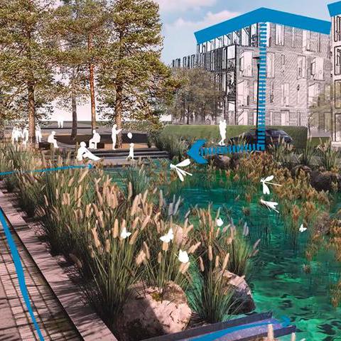 Grafik: Wohnhäuser im Ostpark und Wasserlauf