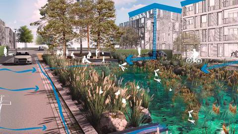 Grafik: Im OSTPARK entstehen moderne Wohnquartiere mit landschaftlicher Vielfalt – wie einem Wasserplatz in der Feldmark. Hier wird ein offenes Regen-Entwässerungskonzept umgesetzt. 