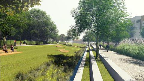 Grafik: Grünfläche mit Sitzgelegenheiten entlang des Wohnquartiers im Ostpark