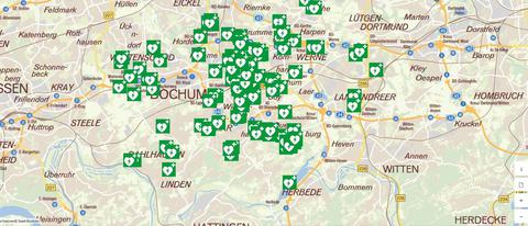 Der Stadtplan zeigt die Standorte der Defibrillatoren im Stadtgebiet - per Klick öffnet sich der Online-Stadtplan