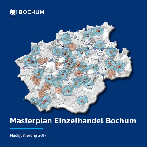 Cover des Masterplan Einzelhandel Bochum - Eine Karte des Bochumer Stadtgebietes auf dunkelblauem Grund