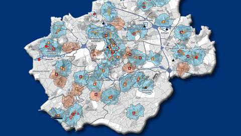 Cover des Masterplan Einzelhandel Bochum - Eine Karte des Bochumer Stadtgebietes auf dunkelblauem Grund