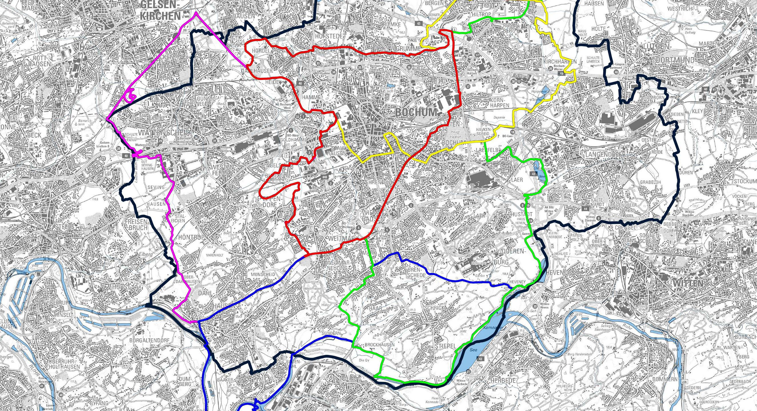 Stadtkarte mit den farblich markierten Radrunden