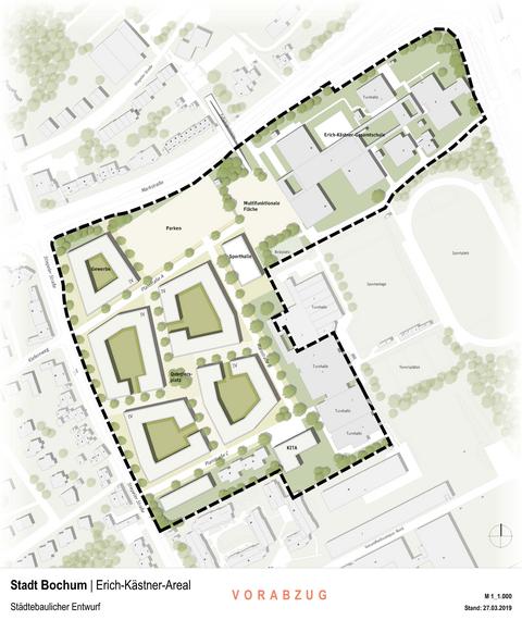 Bebauungsplan Nr. 862 – Markstraße / Stiepeler Straße – Luftbild mit eingezeichnetem Baugebiet