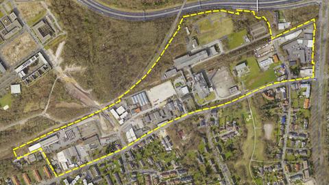 Luftbild zum Bebauungsplan Nr. 983 – Gewerbepark Prinz-Regent-Straße – mit eingezeichnetem Baugebiet