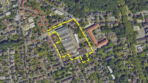 Luftbild zum Bebauungsplan Nr. 987 – Hunscheidtstraße / Waldring – mit eingezeichnetem Baugebiet