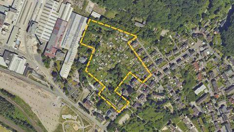 Luftbild zum Bebauungsplan Nr. 997 – Am Ruhrort – mit eingezeichnetem Baugebiet