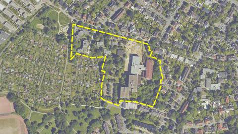 Luftbild zum Bebauungsplan Nr. 998 – Glockengarten – mit eingezeichnetem Baugebiet