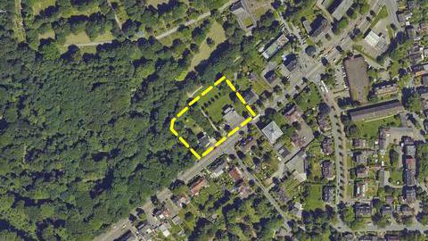 Luftbild zum Bebauungsplan Nr. 1013 – Feuer- und Rettungswache Hattinger Straße – mit eingezeichnetem Baugebiet
