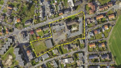 Luftbild zum Bebauungsplan Nr. 955 – Lewackerstraße – mit eingezeichnetem Baugebiet