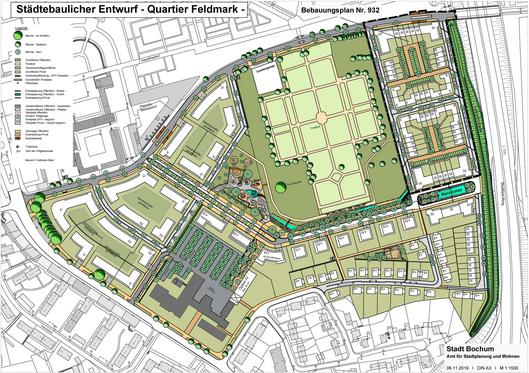 Bebauungsplan Nr. 932 – Ostpark / Feldmark Ost – Städtebaulicher Entwurf mit eingezeichnetem Baugebiet