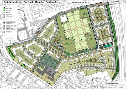 Bebauungsplan Nr. 932 – Ostpark / Feldmark Ost – Städtebaulicher Entwurf mit eingezeichnetem Baugebiet