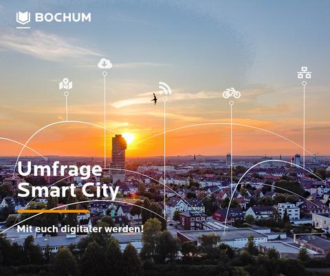 Grafik: Umfrage Smart City - Skyline von Bochum im Sonnenaufgang