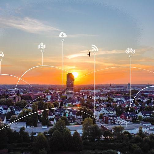 Skyline von Bochum im Sonnenaufgang