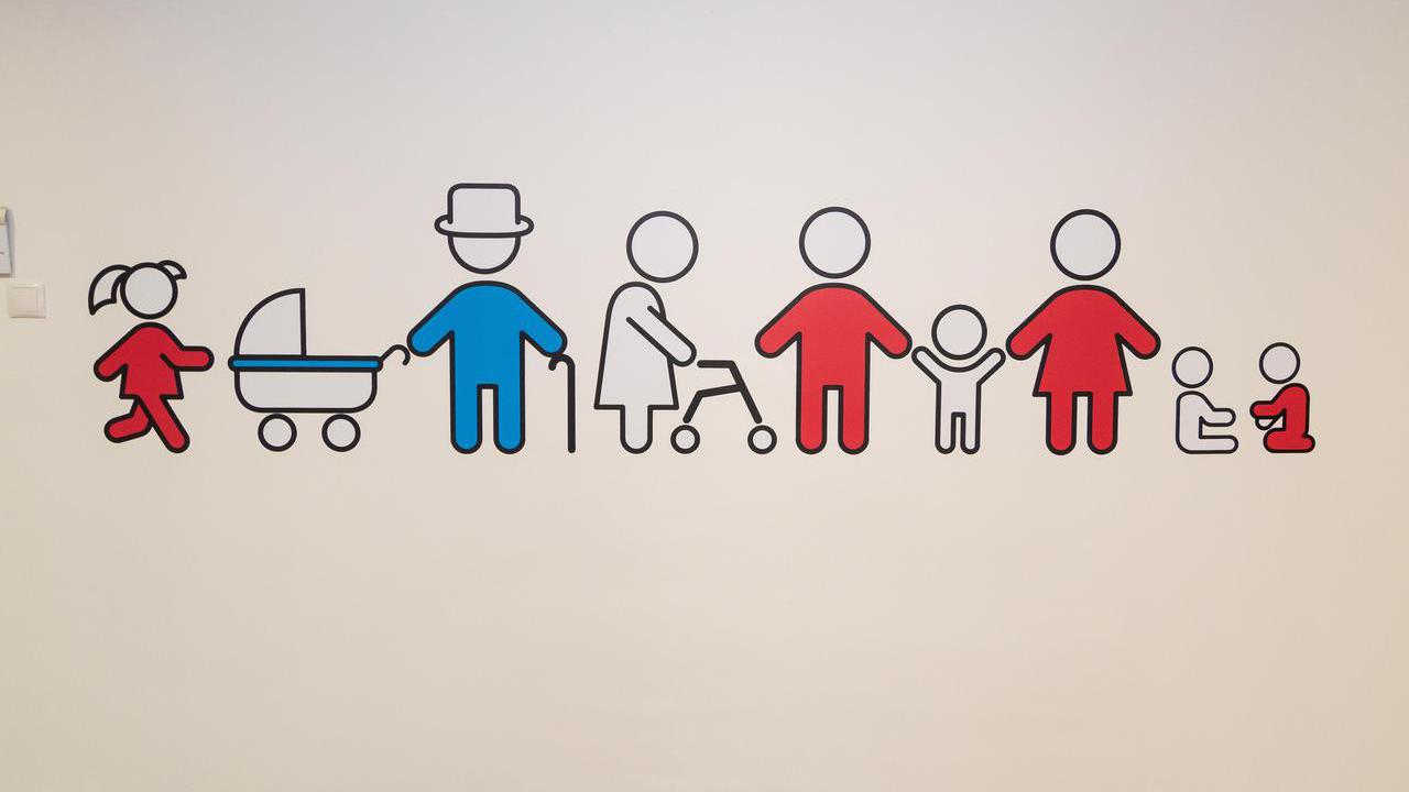 Wandbild im Familienbüro in Bochum - Piktogramme symbolisieren Familien