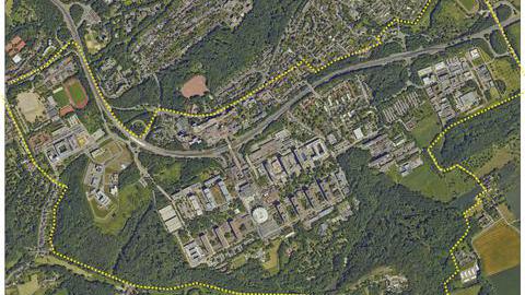 Luftbild vom Campus mit der Abgrenzung vom Rahmenplan