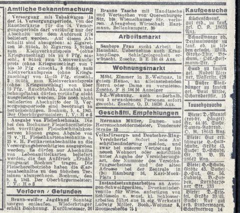 Inseratsseite im Bochumer Anzeiger vom 10. April 1945