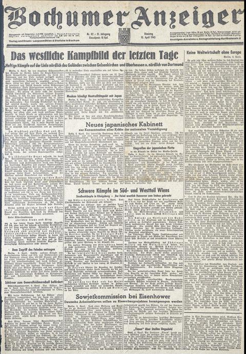 Titelblatt des Bochumer Anzeigers vom 10. April 1945
