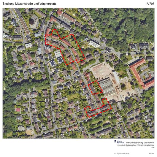 Abgrenzung der Siedlung Mozartstraße und Wagnerplatz auf dem Luftbild