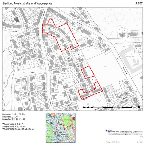 Karte: Abgrenzung der Siedlung Mozartstraße und Wagnerplatz mit Straßennahmen und Ausschnitt auf dem Stadtplan