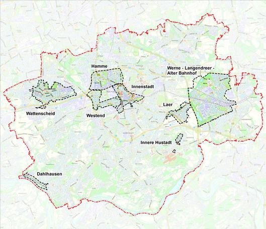 Abbildung der Abgrenzug der Stadterneuerungsgebiete auf dem Stadtplan