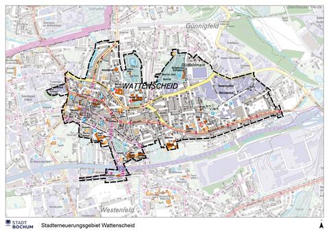 Abgrenzung Gebiet Wattenscheid auf dem Stadtplan 