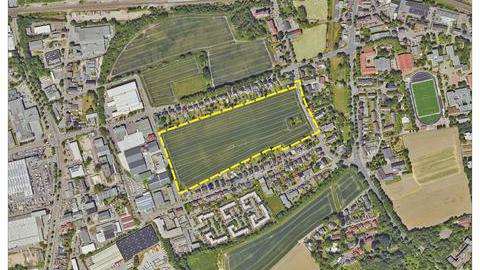 Luftbild zum Bebauungsplan Nr. 1009 –Wilhlem-Leithe-Weg Süd – mit eingezeichnetem Baugebiet