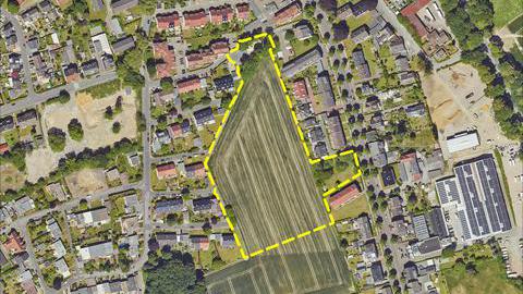 Luftbild zur Wohnbaufläche 6.04 - Hattinger Straße / Hinter der Kiste – mit eingezeichnetem Baugebiet
