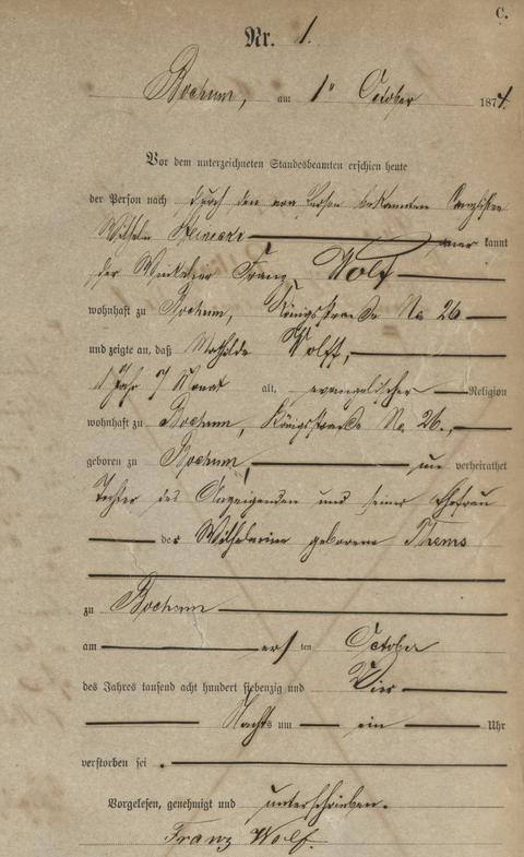 Der erste Eintrag im Sterberegister Bochum-Mitte dokumentiert den Tod von Mathilde Wolf(f) am 1. Oktober 1874.