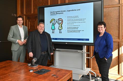 Oberbürgermeister Thomas Eiskirch, Thomas Ratenhof und Sozialdezernentin Britta Anger stellen den Perspektivplan "Wir gegen Corona" in Bochum vor.