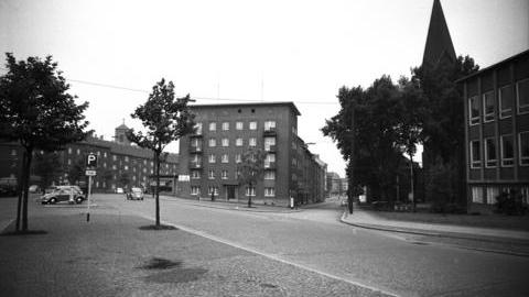 Aufnahme der Blücher Straße am Westring im Jahr 1959 mit einem Radweg auf der rechten Seite der Straße