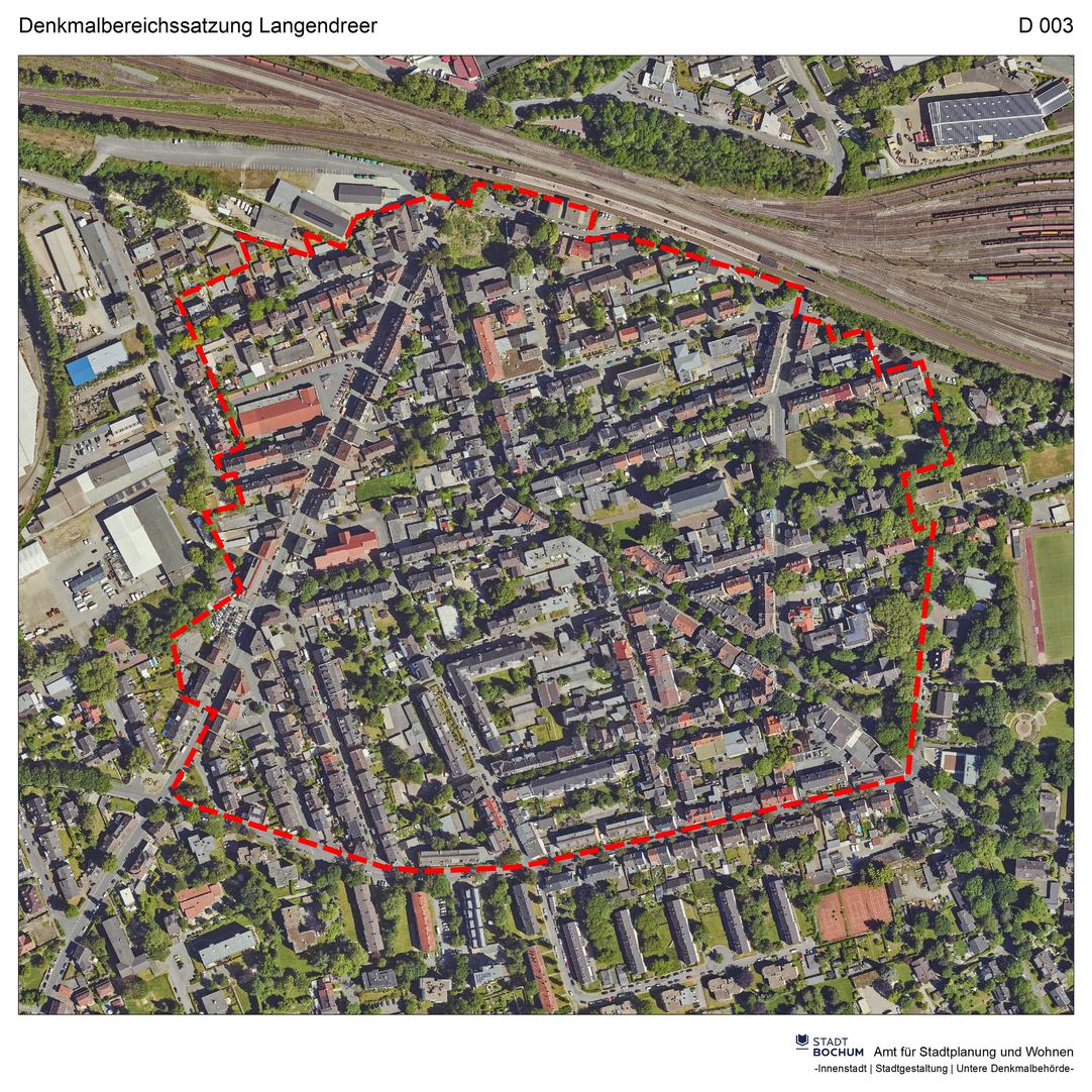 Übersichtskarte: Abgrenzung Denkmalbereich „Langendreer-Alter Bahnhof“ auf dem Luftbild