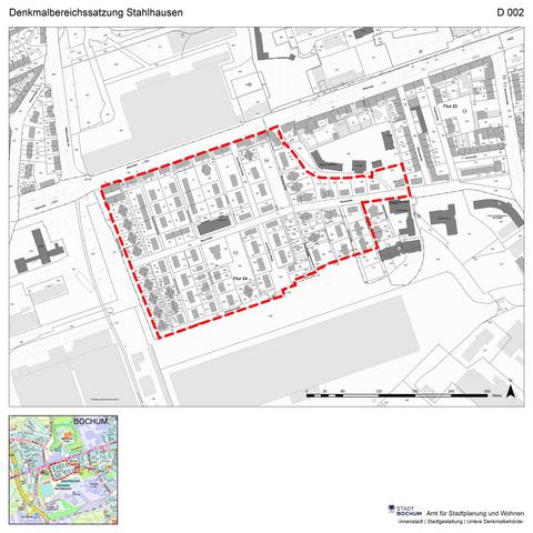 Übersichtskarte: Abgrenzung Denkmalbereich Stahlhausen auf der Flurkarte und dem Stadtplan