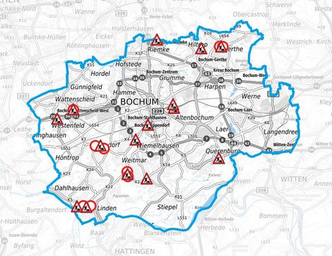 Karte der Stadt Bochum mit Baustellen-Icons