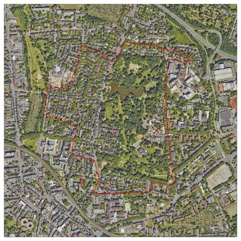 Luftbild: Abgrenzung Denkmalbereich Stadtparkviertel